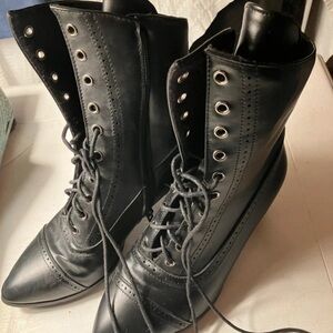 Lace-Up Pointed Ankle Boots — Black